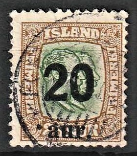 FRIMÆRKER ISLAND | 1921-22 - AFA 108 - Provisorier - 20/25 aur brun/grøn - Stemplet